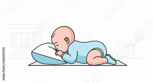 Baby Sleeping Peacefully on a Pillow Near a Crib.
