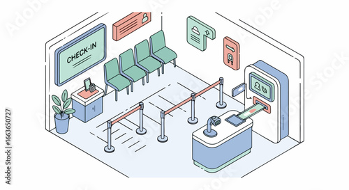Bank interior isometric view with queue and service counter.