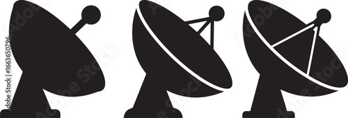Three satellite dishes in a row displaying a distinctive silhouette style