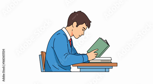 Student focused on reading a book at desk.
