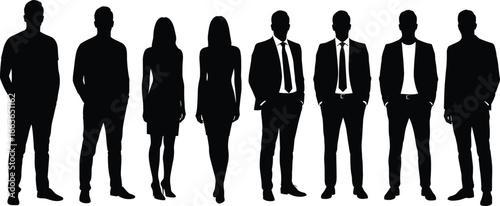Business team silhouettes in formal attire, diverse professionals standing together, black vector icons for corporate presentation and teamwork concept