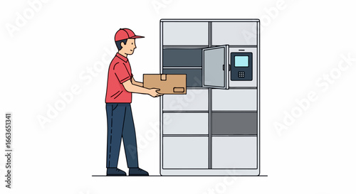 Delivery man placing package into smart locker for customer pickup.