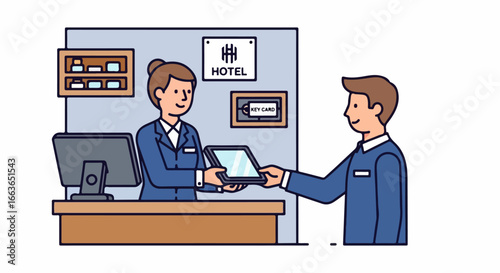 Hotel receptionist assisting guest with check-in at front desk.