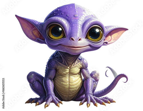  Chubby Purple Cartoon Alien Sitting with Curious Expression, Isolated Transparent Background PNG