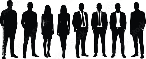 Business team silhouettes in formal attire, diverse professionals standing together, black vector icons for corporate presentation and teamwork concept