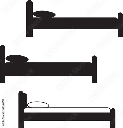 Three simple beds with pillows in a clean silhouette style