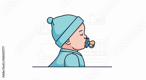Peaceful baby sleeping with pacifier in blue outfit.