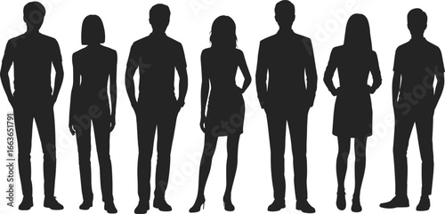 Diverse human silhouettes standing side by side, neutral posture, fashion variation, demographic representation, black figures on white background illustration