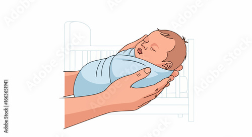 Gentle hands cradling a peaceful, sleeping newborn baby in a blanket.