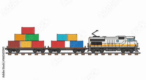 Freight train transporting colorful cargo containers on railway tracks.