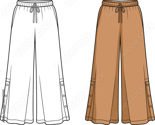 CAD drawing flat vector illustration of wide leg pants with side buttons, front view, fashion technical sketch for women wear, detailed clothing template design