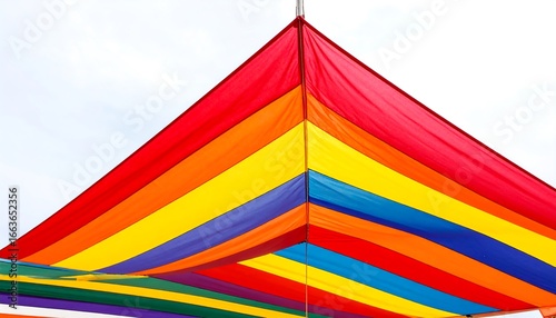 Vibrant rainbow-colored fabric canopy stretches across a bright sky.