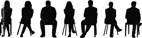 Silhouettes of Seated People in Various Poses Displaying Unique Body Language, Diversity, Emotion, and Nonverbal Communication on White Background