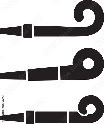 Three black party blowers with curled ends in a simple silhouette