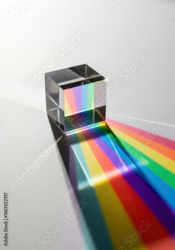 A glass prism refracting white light into a vibrant rainbow spectrum, isolated on a white background, symbolizing science and color