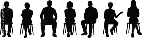 Silhouettes of Seated People in Various Poses Displaying Unique Body Language, Diversity, Emotion, and Nonverbal Communication on White Background