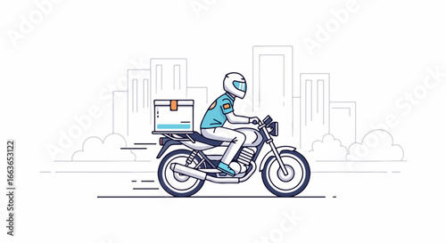 Motorcycle courier delivering package in urban environment, fast service.
