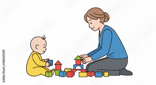 Mother and baby enjoying playtime building colorful blocks together.