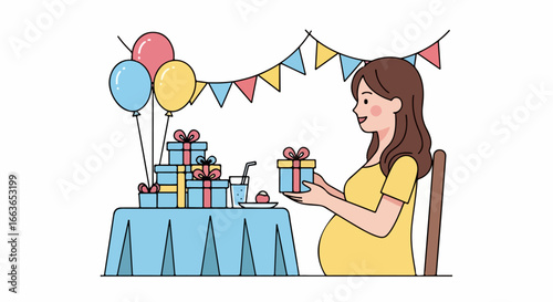 Pregnant woman happily receiving a gift at a baby shower celebration.