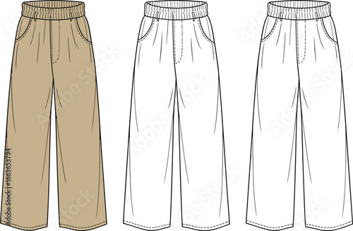 CAD drawing flat vector illustration of wide-leg pants trio, front views, elastic waistband, pocket detail, fashion design, garment template, stylish layout