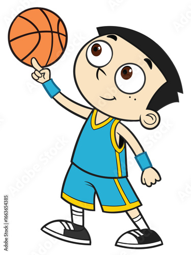 Cartoon child in a blue basketball uniform with yellow trim, spinning an orange basketball on the right index finger, wearing blue wristbands and black‑and‑white sneakers.