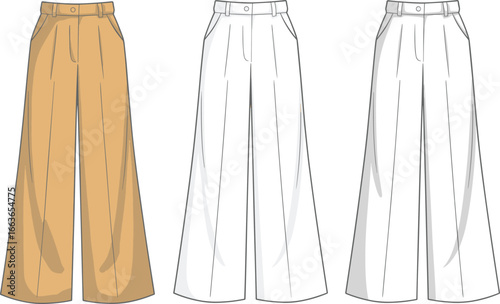 CAD drawing flat vector illustration of wide-leg pants, front and back views, stylish silhouette, color variation, fashion sketch, garment template, structured layout, clothing design