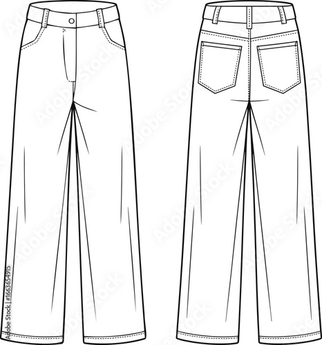 CAD drawing flat vector illustration of wide-leg pants, front back view, technical sketch layout, structured waistband, stitching details, pocket design, fashion template, garment design