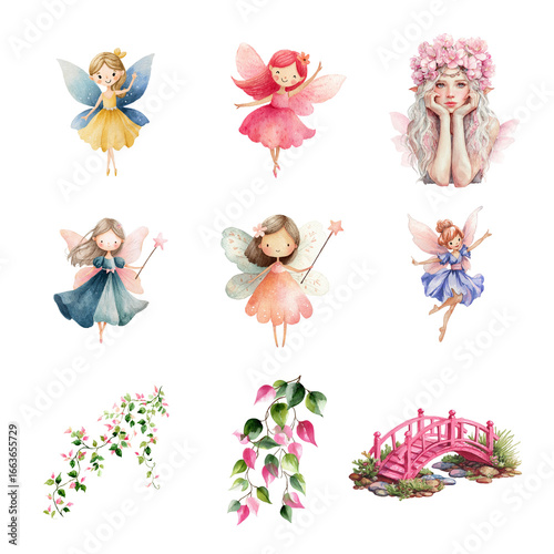 Charming watercolor fairies and floral elements, perfect for enchanting designs and fantasy themes.