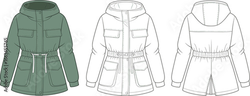 CAD drawing flat vector illustration of winter parka jacket, front and back views, functional flap pockets, hooded design, drawstring waist, technical garment layout, stylish outerwear template