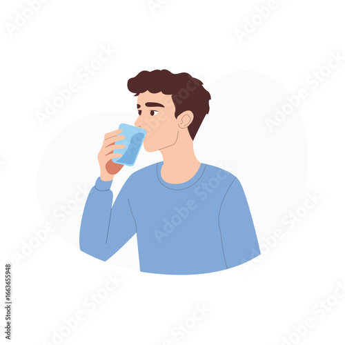 Flat Vector Illustration of Young Man Drinking Water