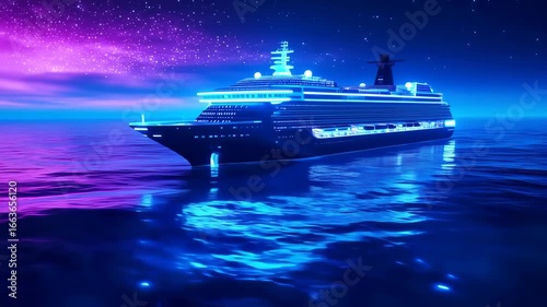 Night cruise ship at sea with vibrant neon glow