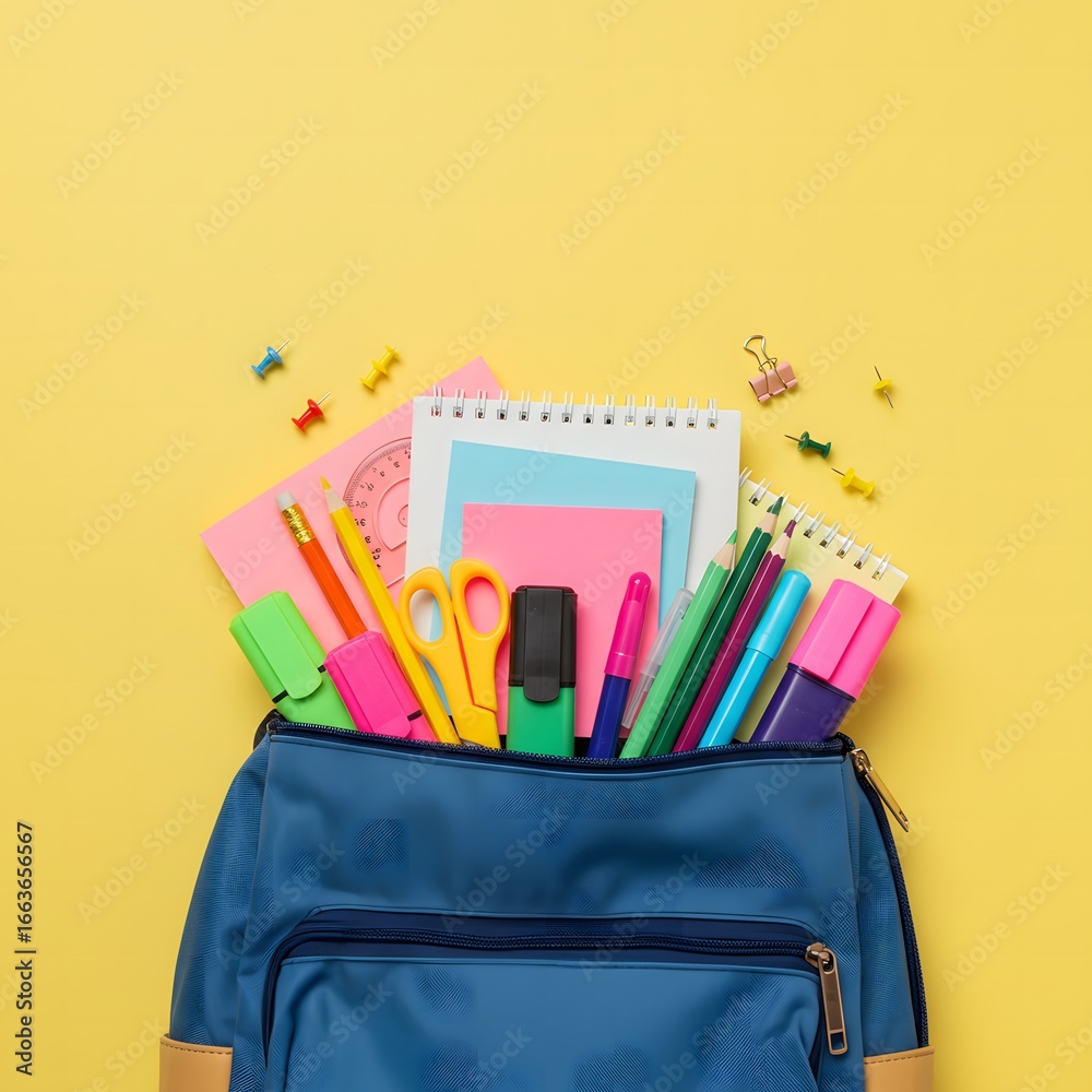 Fototapeta premium A blue backpack filled with colorful school supplies against a yellow background in a flat lay style