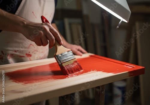 Close up of a skilled person's hand meticulously applying vibrant red paint to a wooden surface with a broad brush