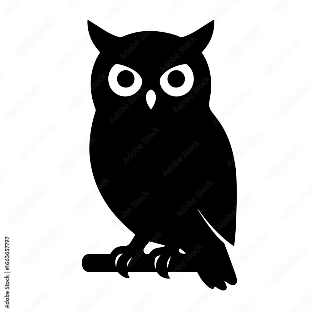 Fototapeta premium Black and white vector silhouette of a owl on a white background