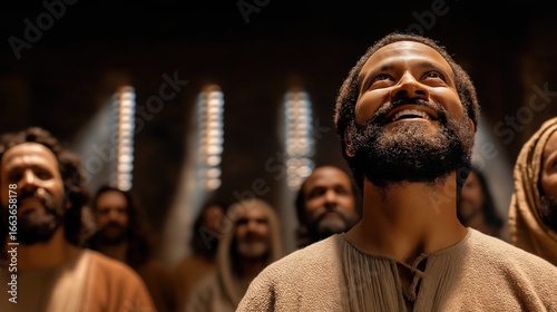 The upper room at Pentecost bursts with divine fire, disciples filled with the Holy Spirit as tongues of flame rest upon them, voices rising in unity, birthing the church in power and glory.