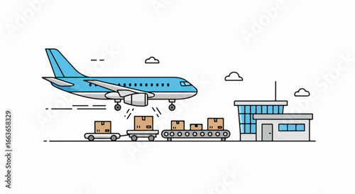 Airplane loading cargo boxes for global transportation at airport.