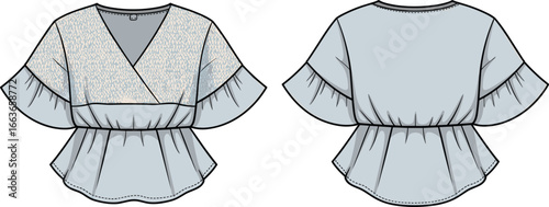 Cad drawing flat vector illustration of women’s blouse, ruffled sleeves, textured fabric bodice, peplum waist, V-neckline, casual style, loose fit, fashion design sketch, garment technical drawing.