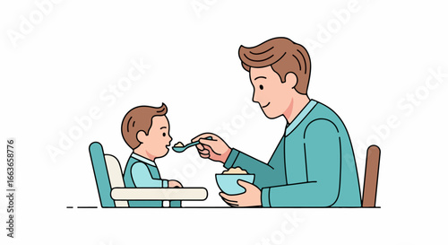 Father feeding his baby in a high chair during mealtime.