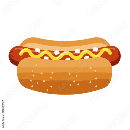 Delicious Hot Dog with Mustard and Onions on a Toasted Bun Food Illustration
