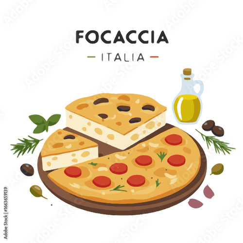 Delicious Focaccia Pizza with Olives and Tomatoes Italian Food Illustration