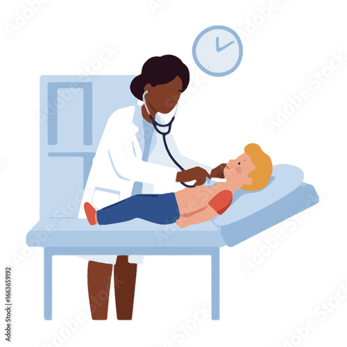 Doctor examining a child with stethoscope in clinic pediatric care illustration