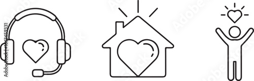 Icons of a headset with heart, house with heart, and person with heart above head