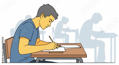 Student taking exam, focused on writing answers in classroom.