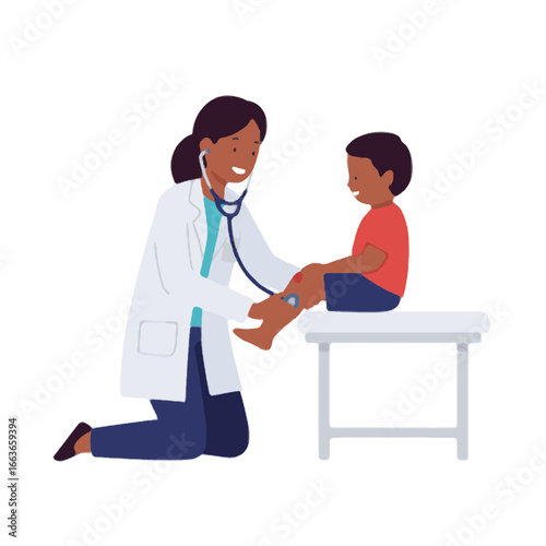 Doctor Examining Child's Leg with Stethoscope in Medical Examination Room