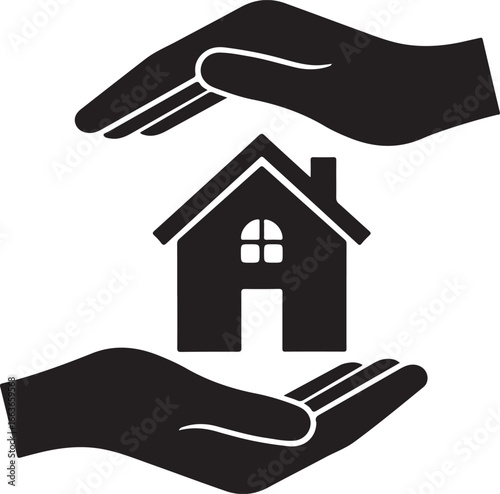 Black icon of hands protecting a house symbolizing home insurance or real estate building