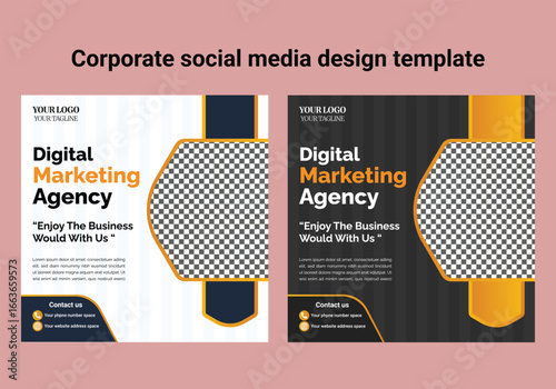 Business marketing agency promotion social media post template. Editable square banner design with place for the photo.