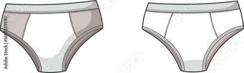 Cad drawing flat vector illustration of women’s briefs underwear, comfortable cotton panties, basic lingerie, seamless design, everyday wear, feminine apparel, soft fabric