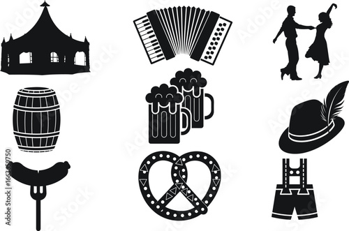 Oktoberfest Silhouette Vector Illustration Set. Beer Barrel, Pretzel, Sausage on Stick, Grilled Meat Platter, Bavarian Hat with Feather, Lederhosen, Dirndl , Accordion, Dancing Couple, Beer Tent, Ferr