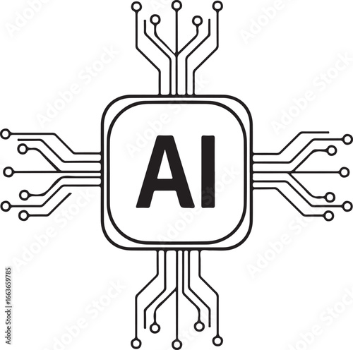 AI chip with circuit board connections and AI text artificial intelligence microchip