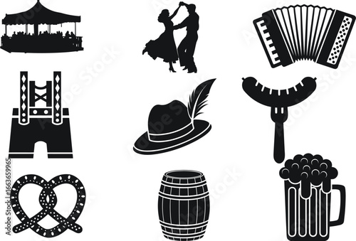 Oktoberfest silhouette icons set. Beer Mug with Foam, Two Beer Mugs Clinking, Beer Barrel, Pretzel, Sausage on Stick, Grilled Meat Platter, Bavarian Hat with Feather, Lederhosen, Dirndl , Accordion,
